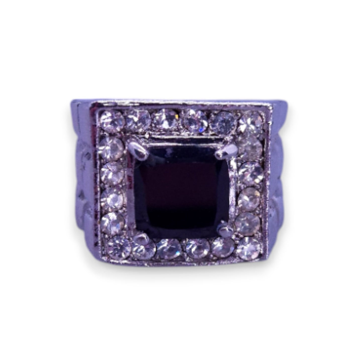 Silver Tone Black & Clear Cubic Zirconia Modern Ring