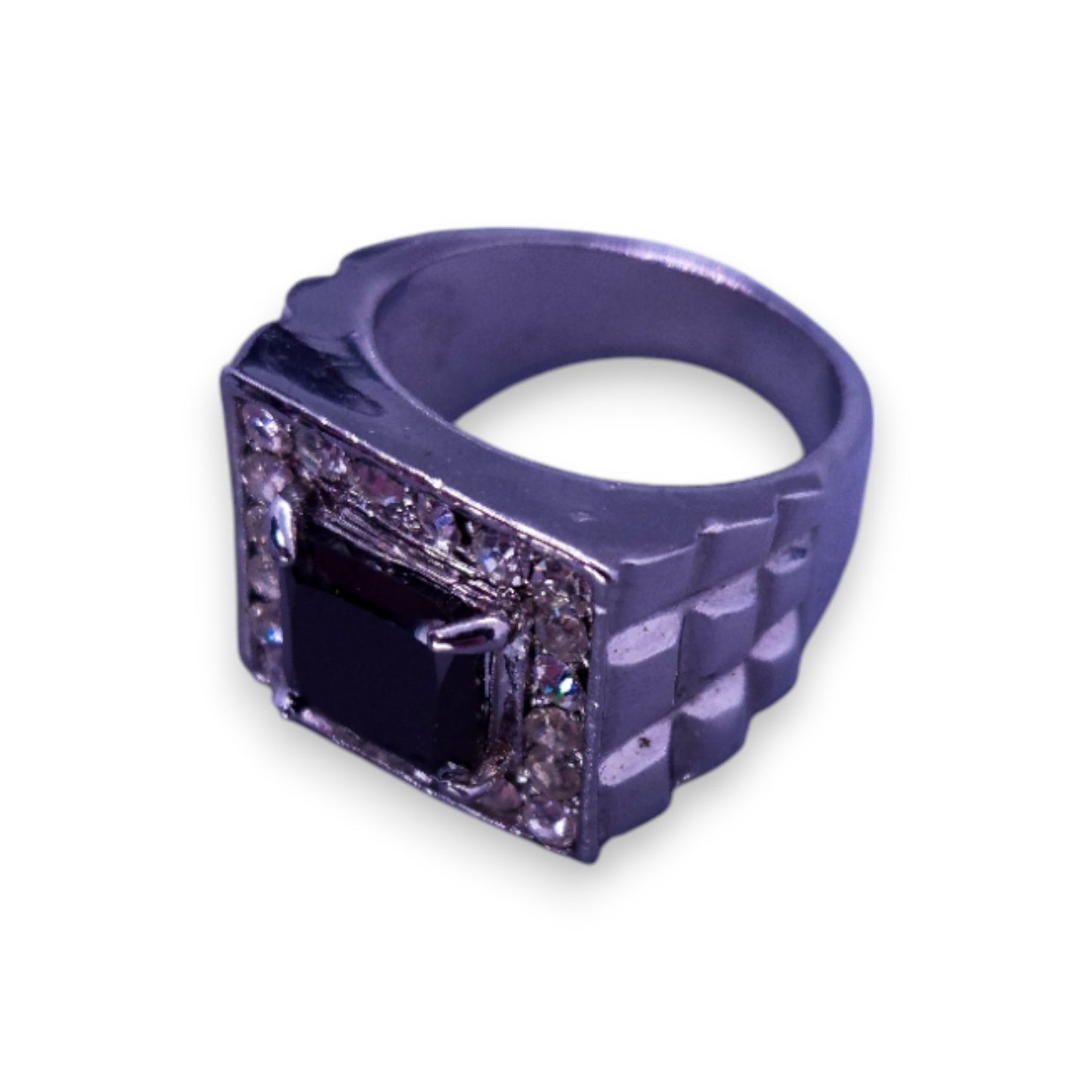 Silver Tone Black & Clear Cubic Zirconia Modern Ring