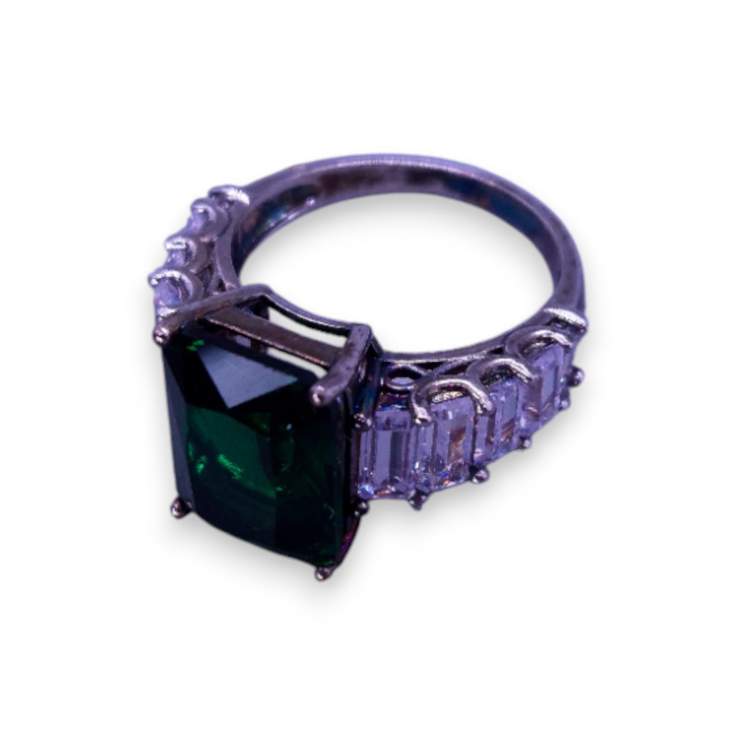 Silver Tone Green & Clear Stones Modern Ring
