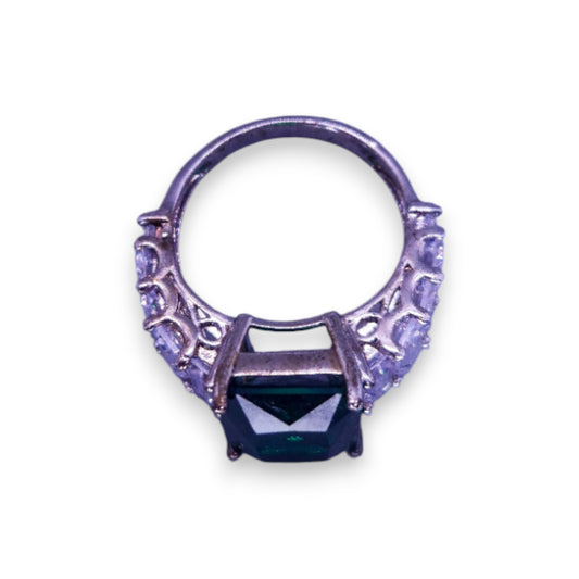 Silver Tone Green & Clear Stones Modern Ring