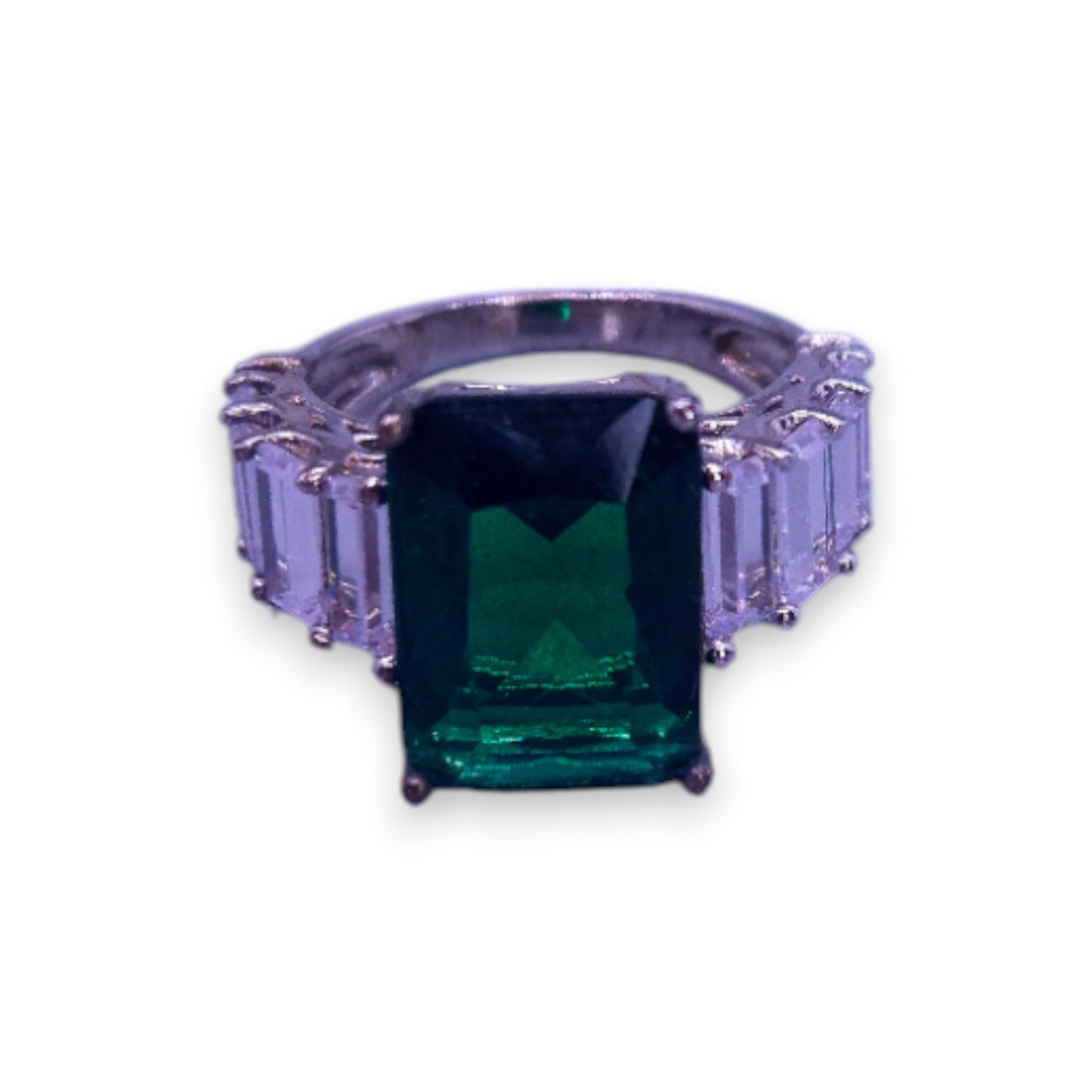 Silver Tone Green & Clear Stones Modern Ring