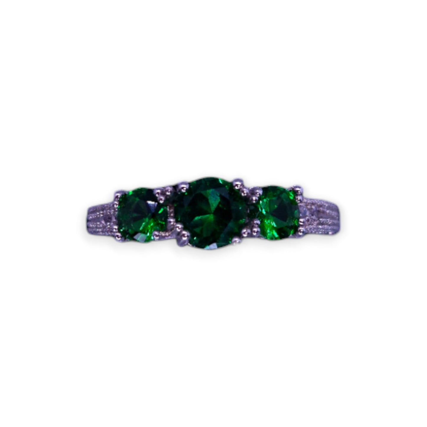 Silver Tone Green & Clear Cubic Zirconia Classic Ring