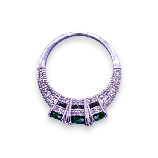 Silver Tone Green & Clear Cubic Zirconia Classic Ring