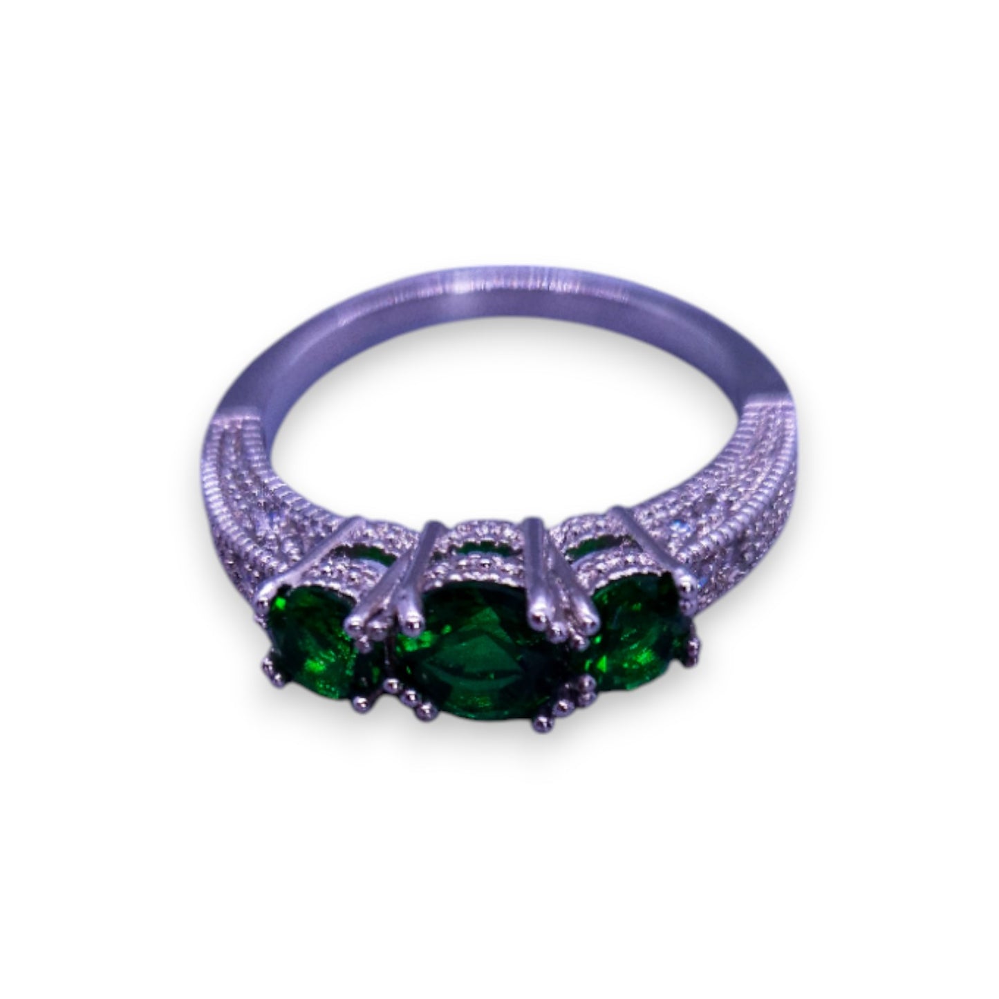 Silver Tone Green & Clear Cubic Zirconia Classic Ring