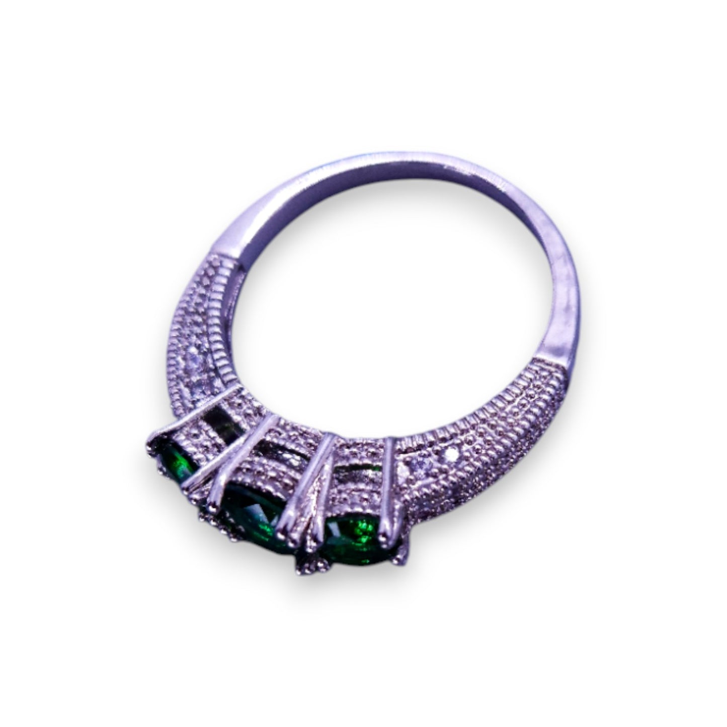 Silver Tone Green & Clear Cubic Zirconia Classic Ring