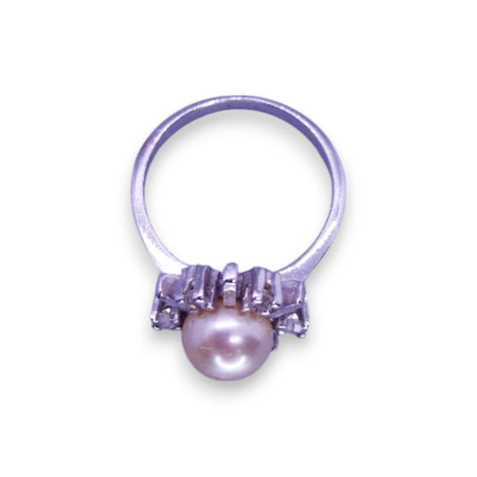 Silver Tone Faux Pearl & Clear Stones Classic Ring