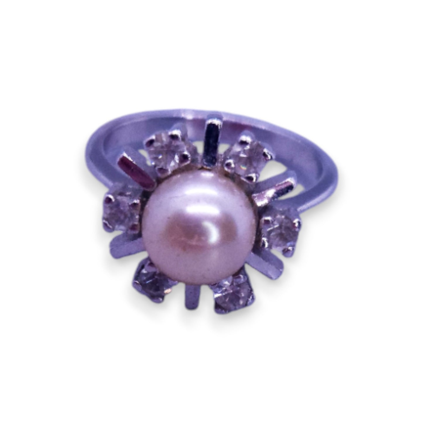 Silver Tone Faux Pearl & Clear Stones Classic Ring