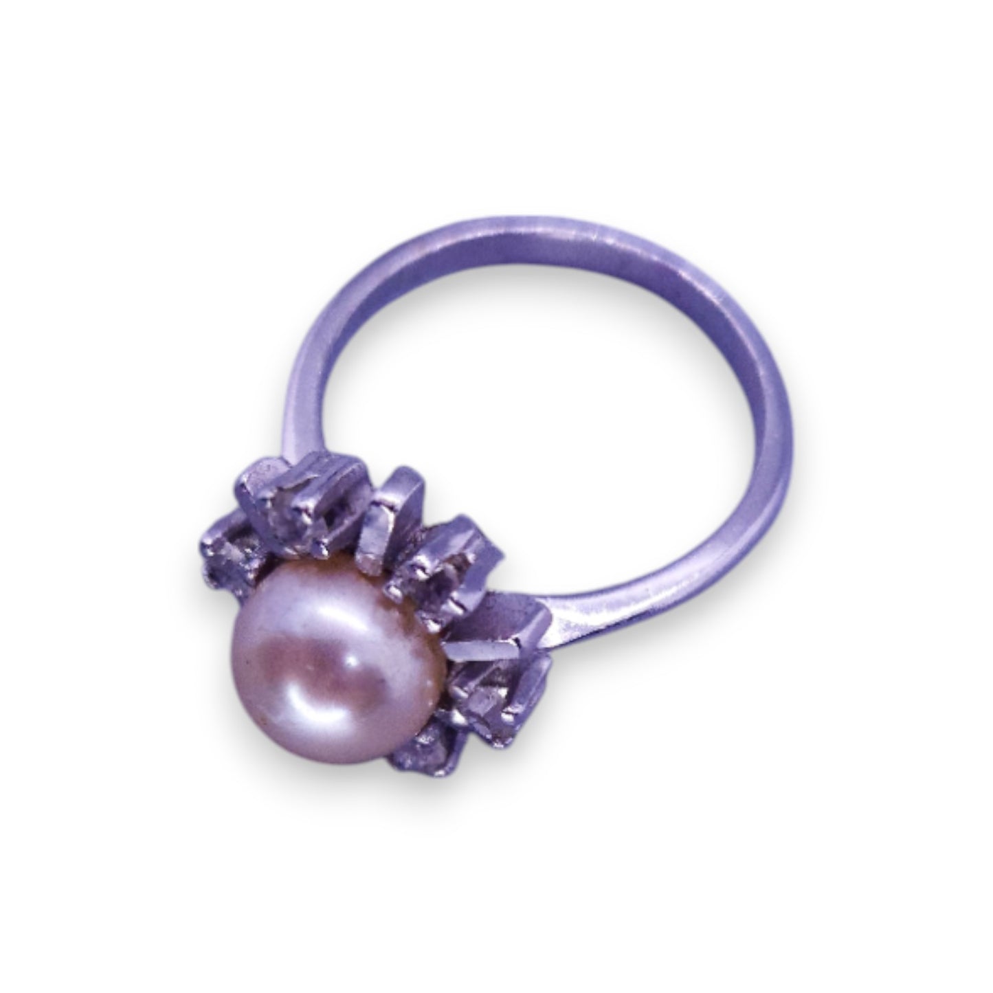 Silver Tone Faux Pearl & Clear Stones Classic Ring
