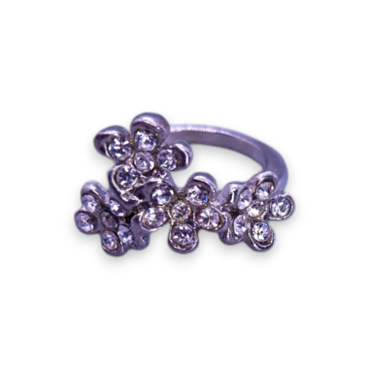 Silver Tone Clear Stones Nature Inspired Flowers Ring
