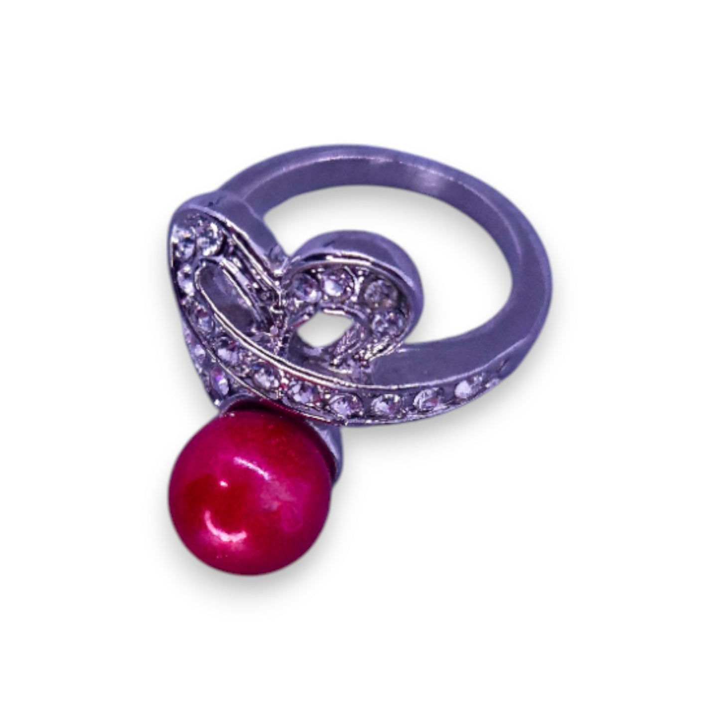 Silver Tone Faux Pearl & Clear Stones Modern Ring
