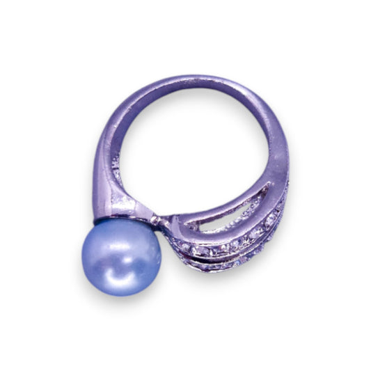 Silver Tone Faux Pearl & Clear Stones Modern Ring