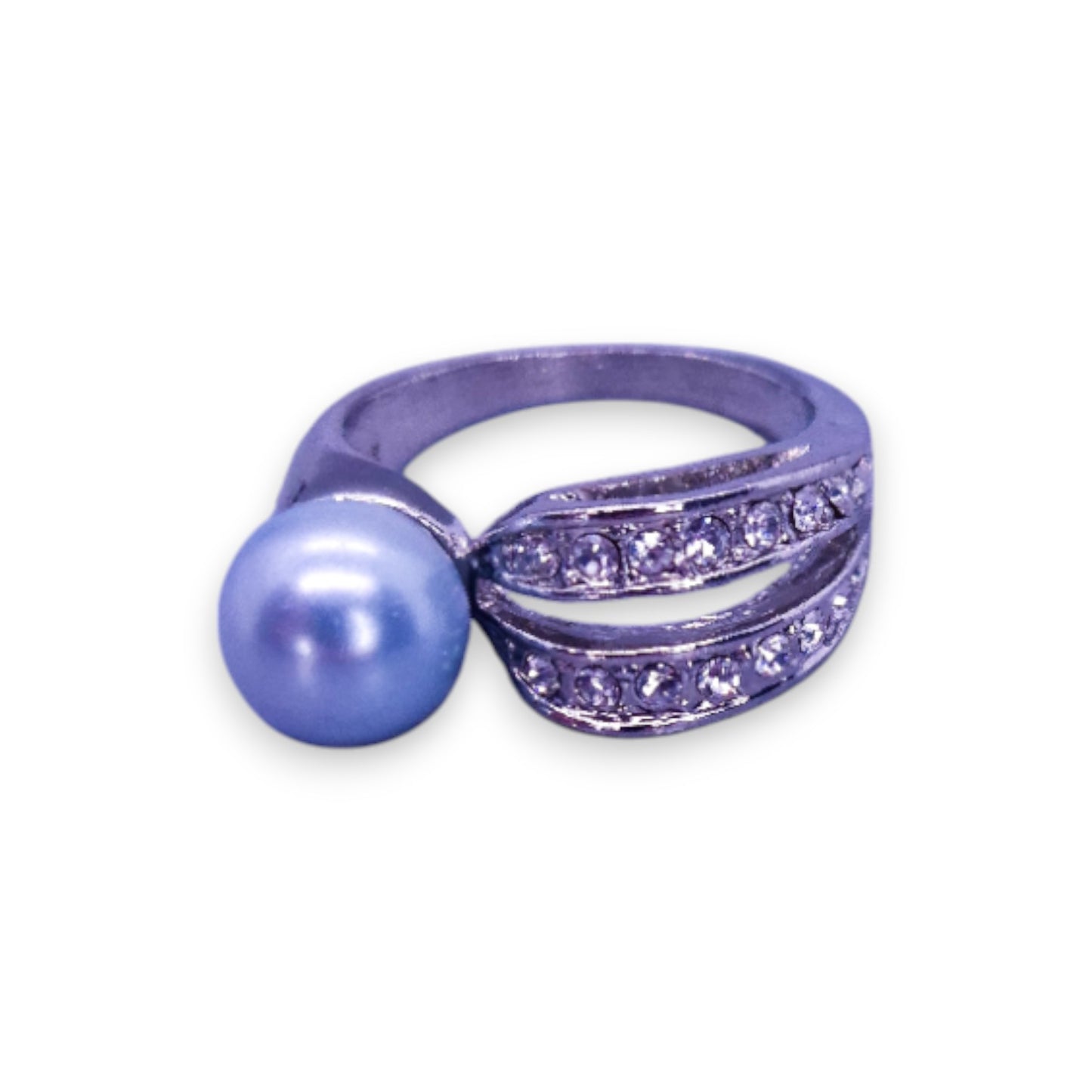 Silver Tone Faux Pearl & Clear Stones Modern Ring