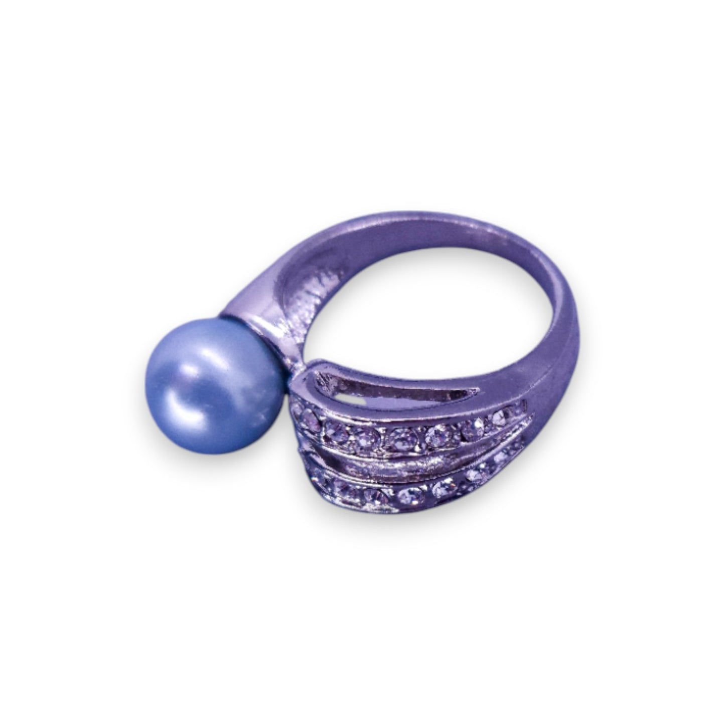 Silver Tone Faux Pearl & Clear Stones Modern Ring