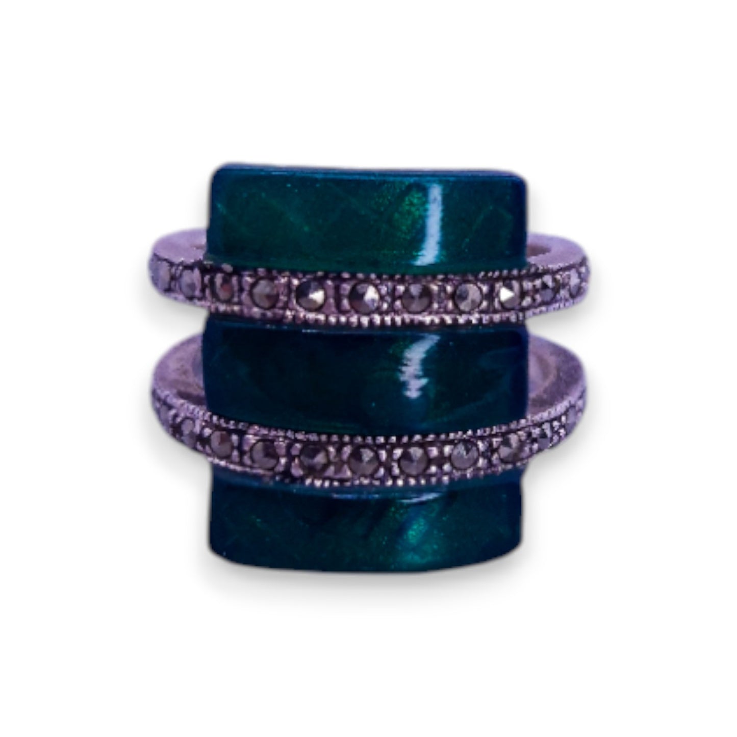 Silver Tone Green Paste Marcasite Modern Ring