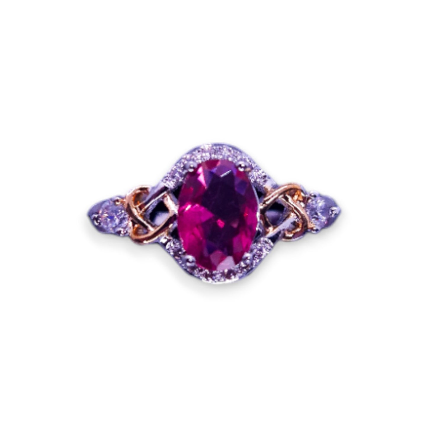 Silver & Gold Tone Pink & Clear Stones Classic Ring