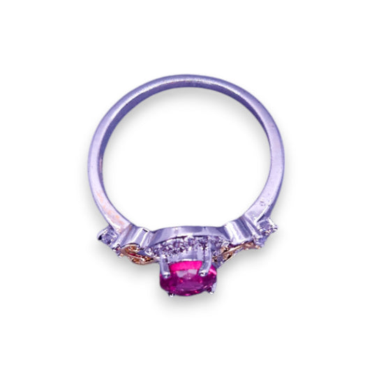 Silver & Gold Tone Pink & Clear Stones Classic Ring