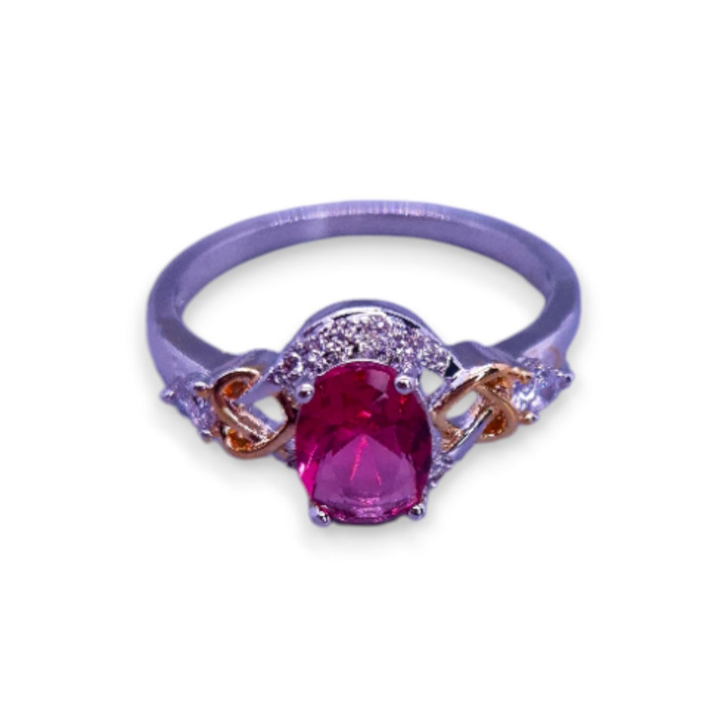 Silver & Gold Tone Pink & Clear Stones Classic Ring