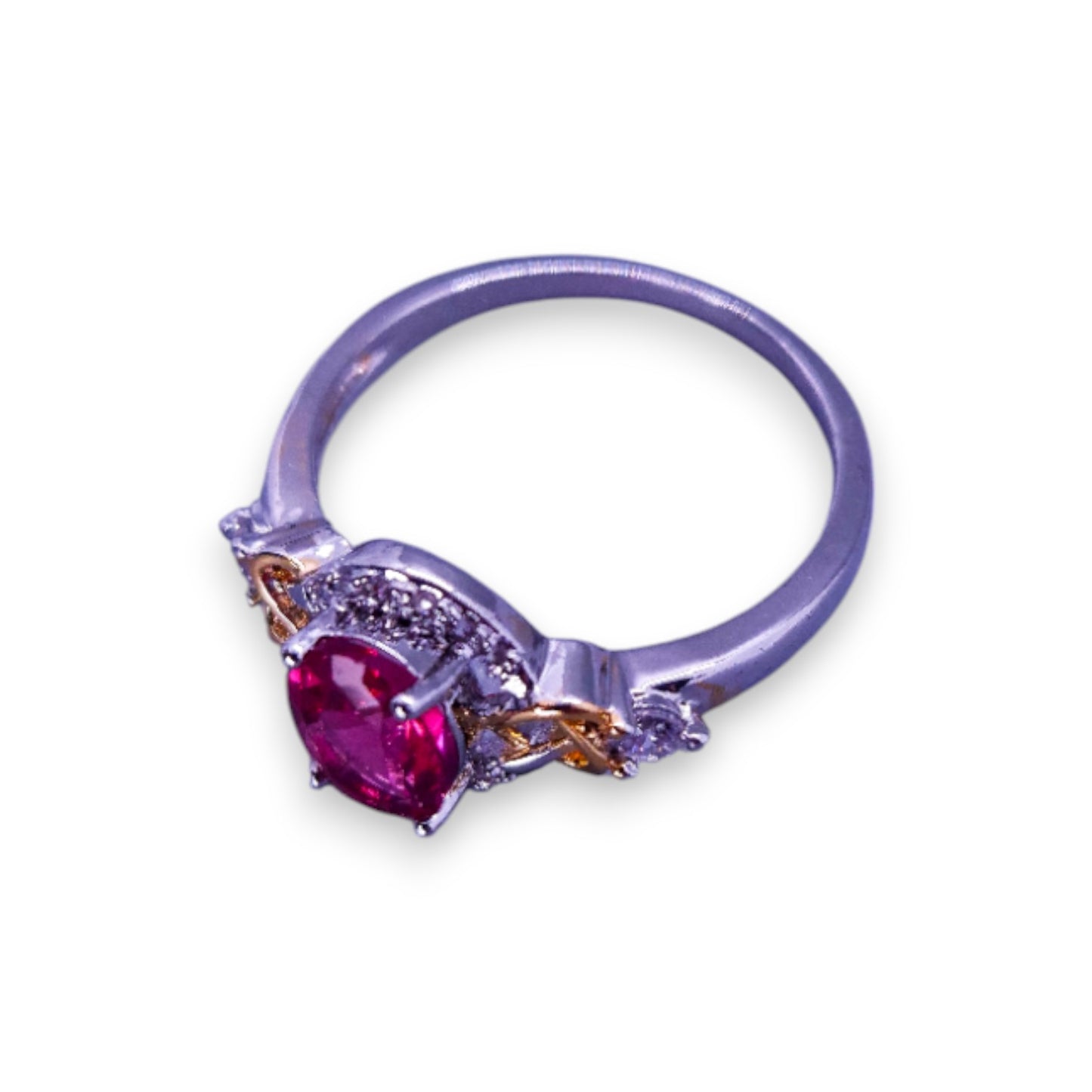 Silver & Gold Tone Pink & Clear Stones Classic Ring