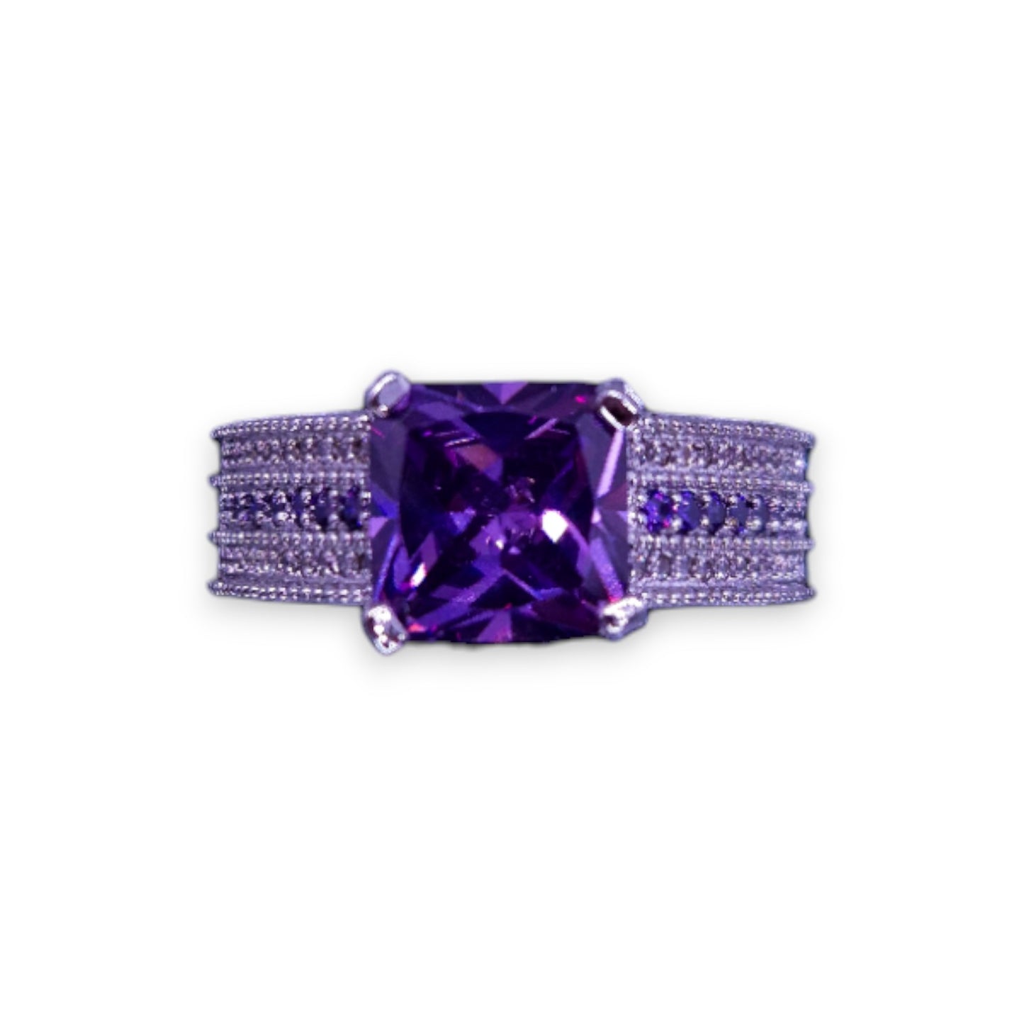 Silver Tone Purple Cubic Zirconia Modern Ring