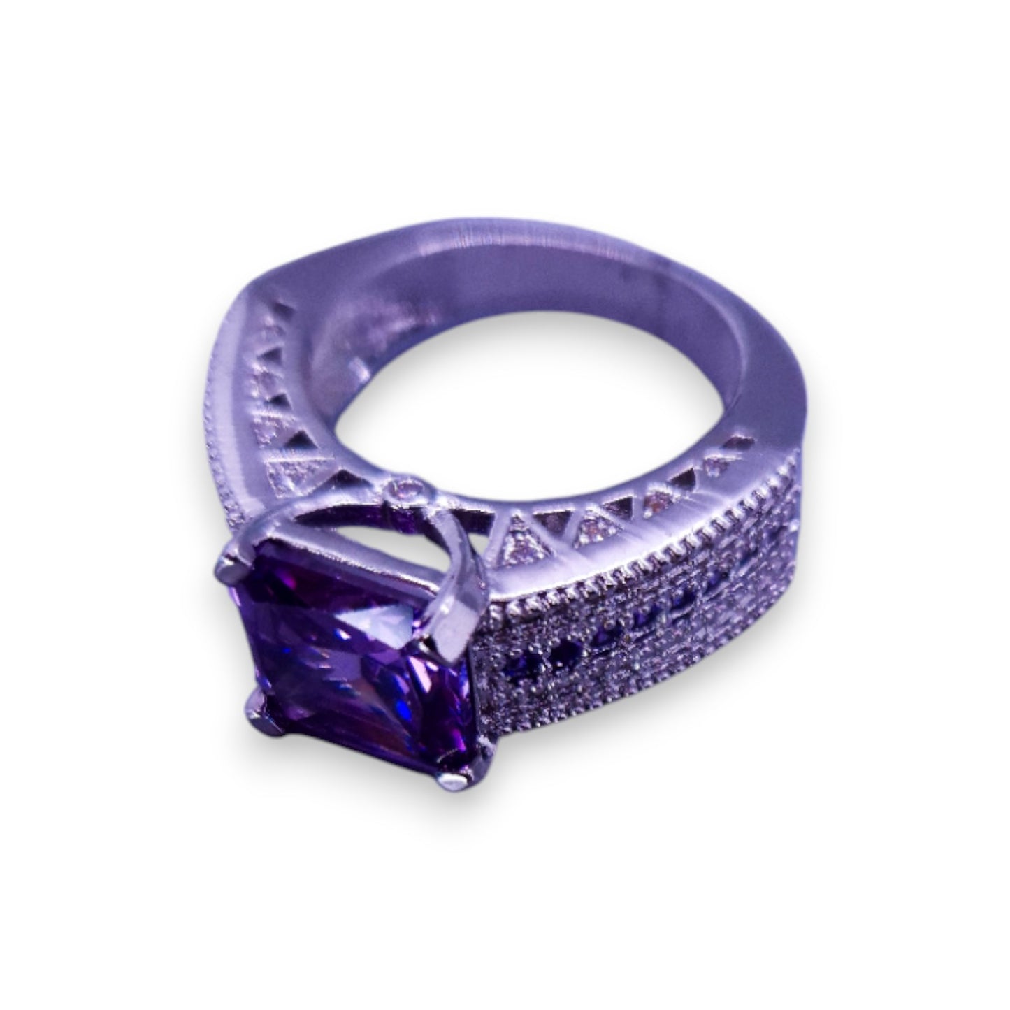 Silver Tone Purple Cubic Zirconia Modern Ring