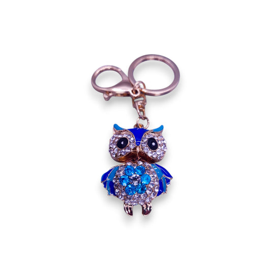 Rose Gold Tone Blue & Clear Stones Nature Inspired Owl Keyring