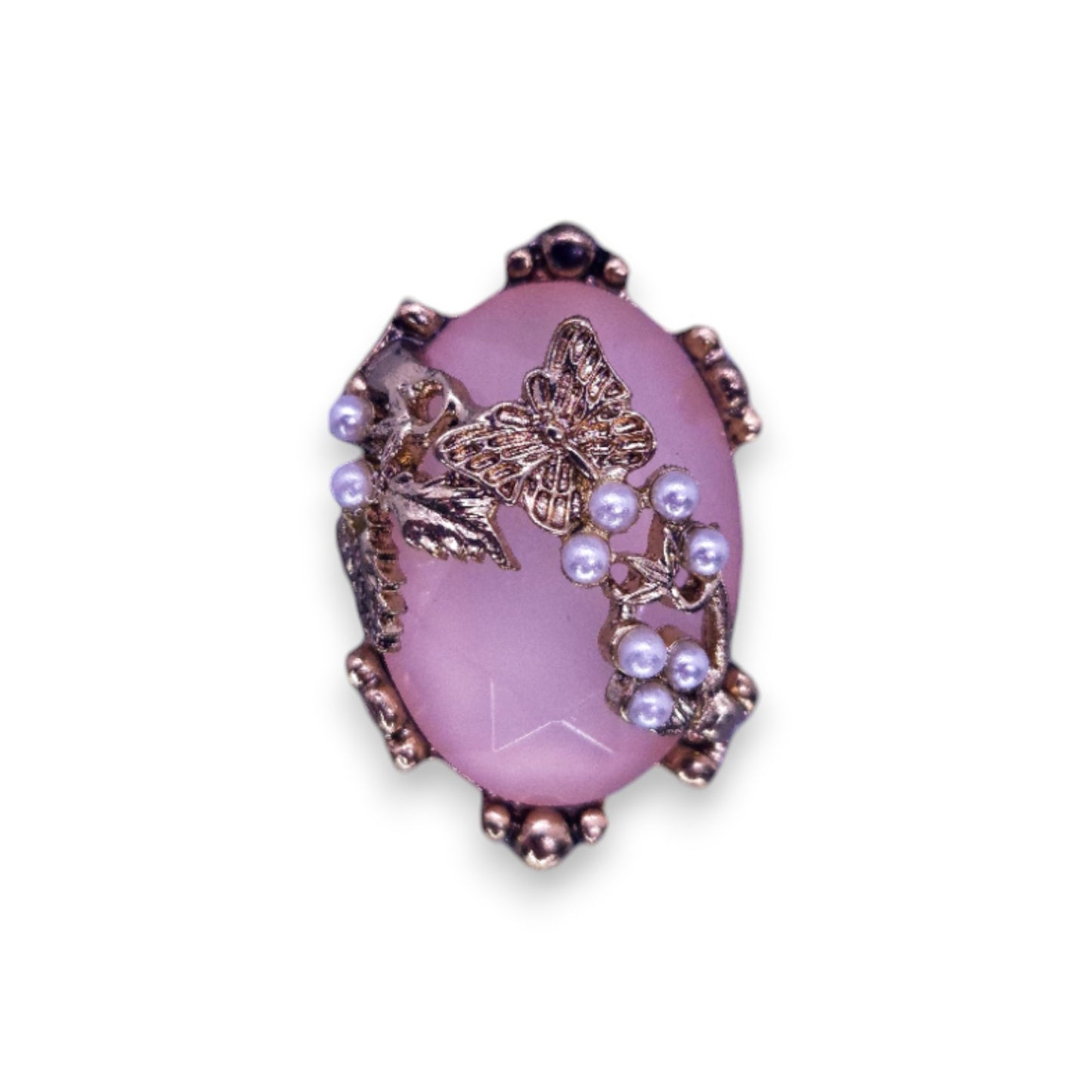 Gold Tone Pink Cubic Zirconia Faux Pearls Nature Inspired Ring