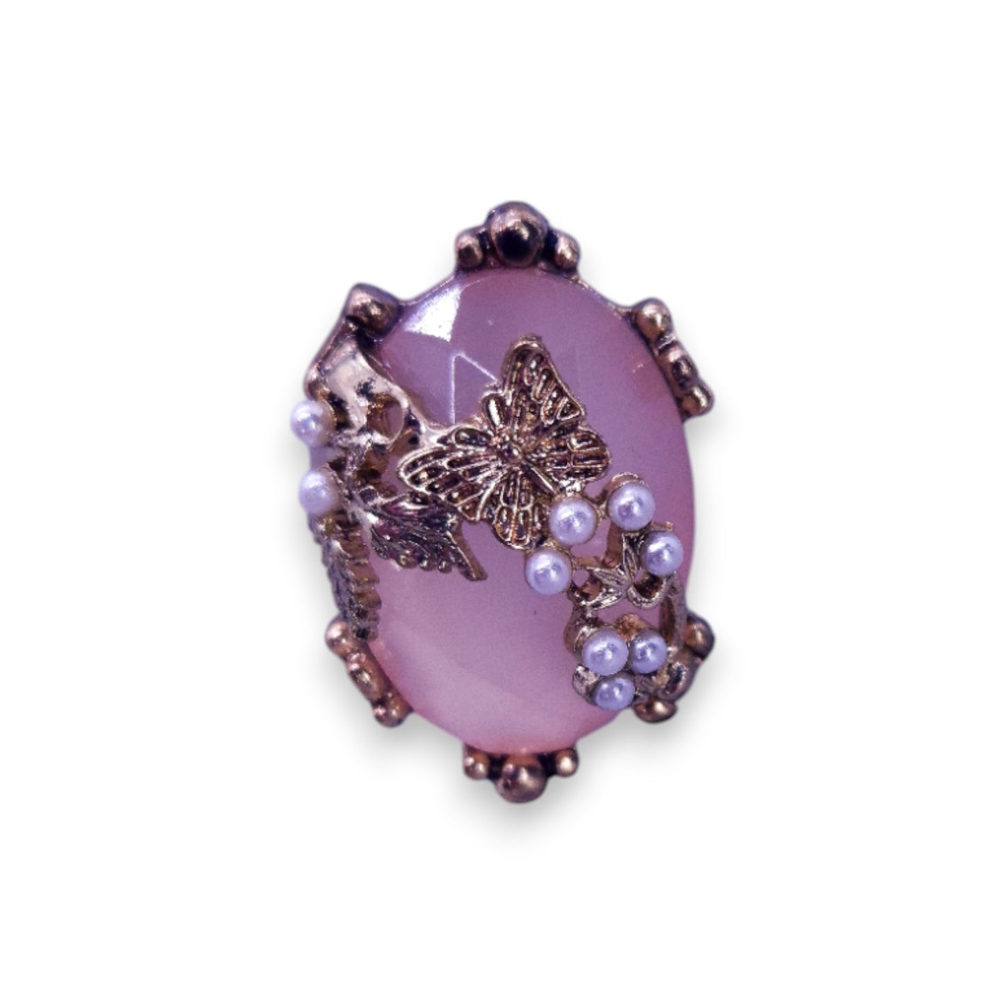 Gold Tone Pink Cubic Zirconia Faux Pearls Nature Inspired Ring