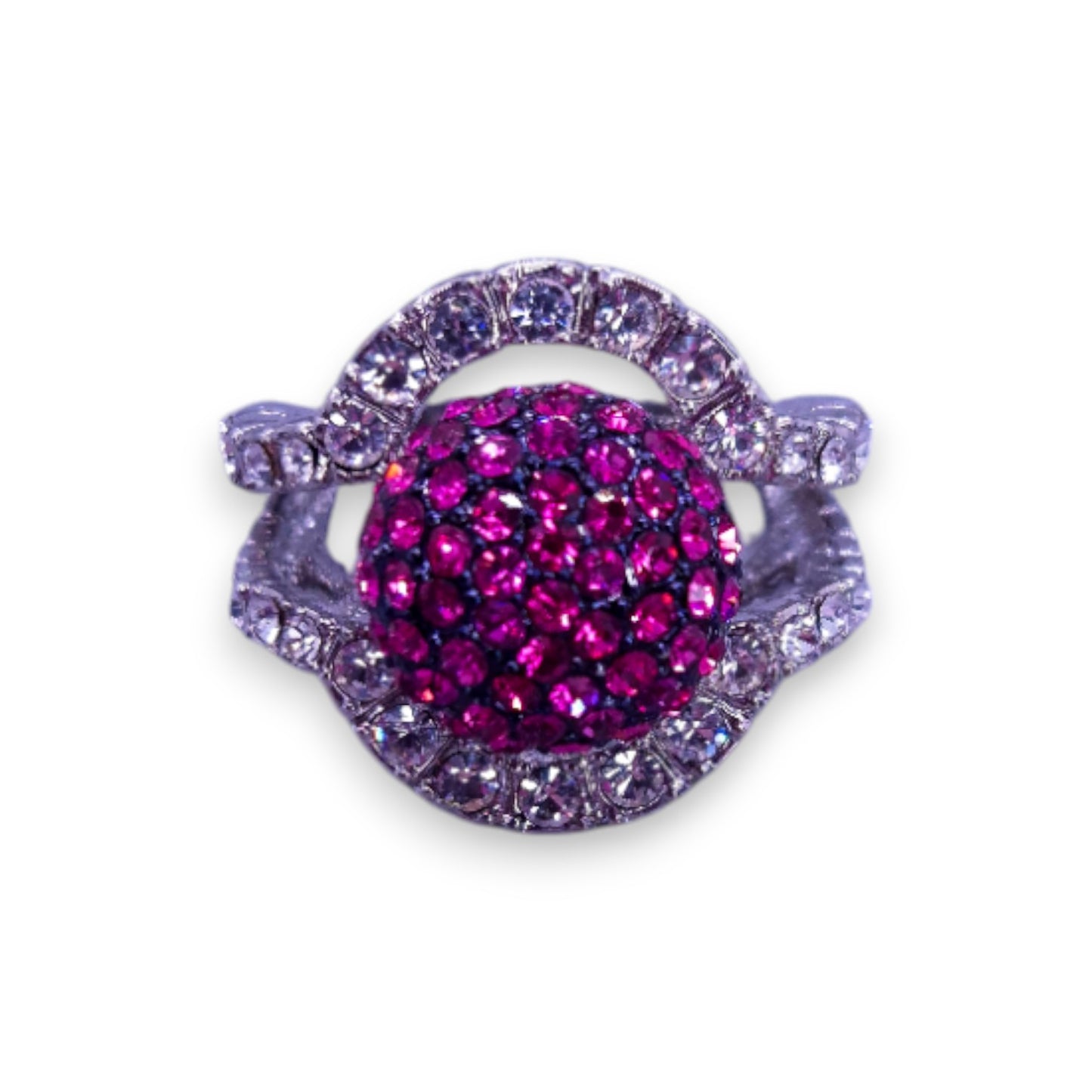 Silver Tone Pink & Clear Stones Statement Ring