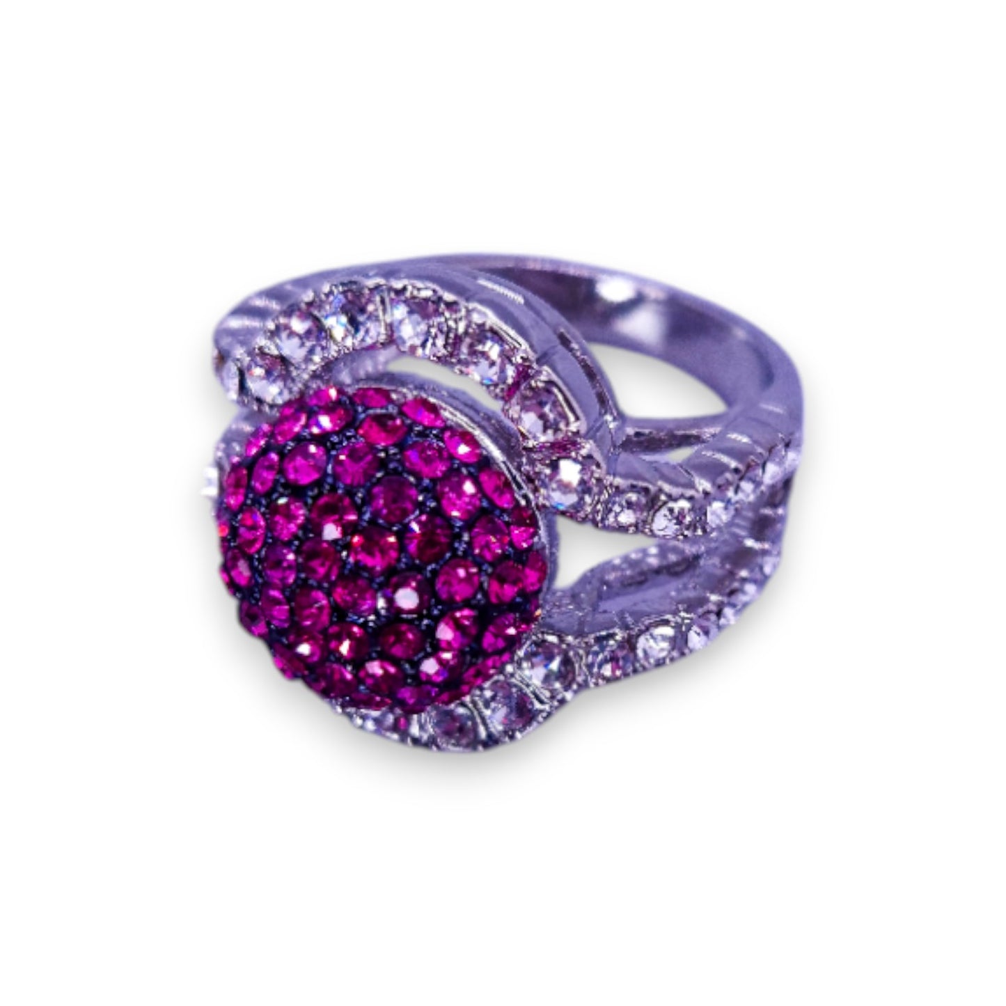 Silver Tone Pink & Clear Stones Statement Ring