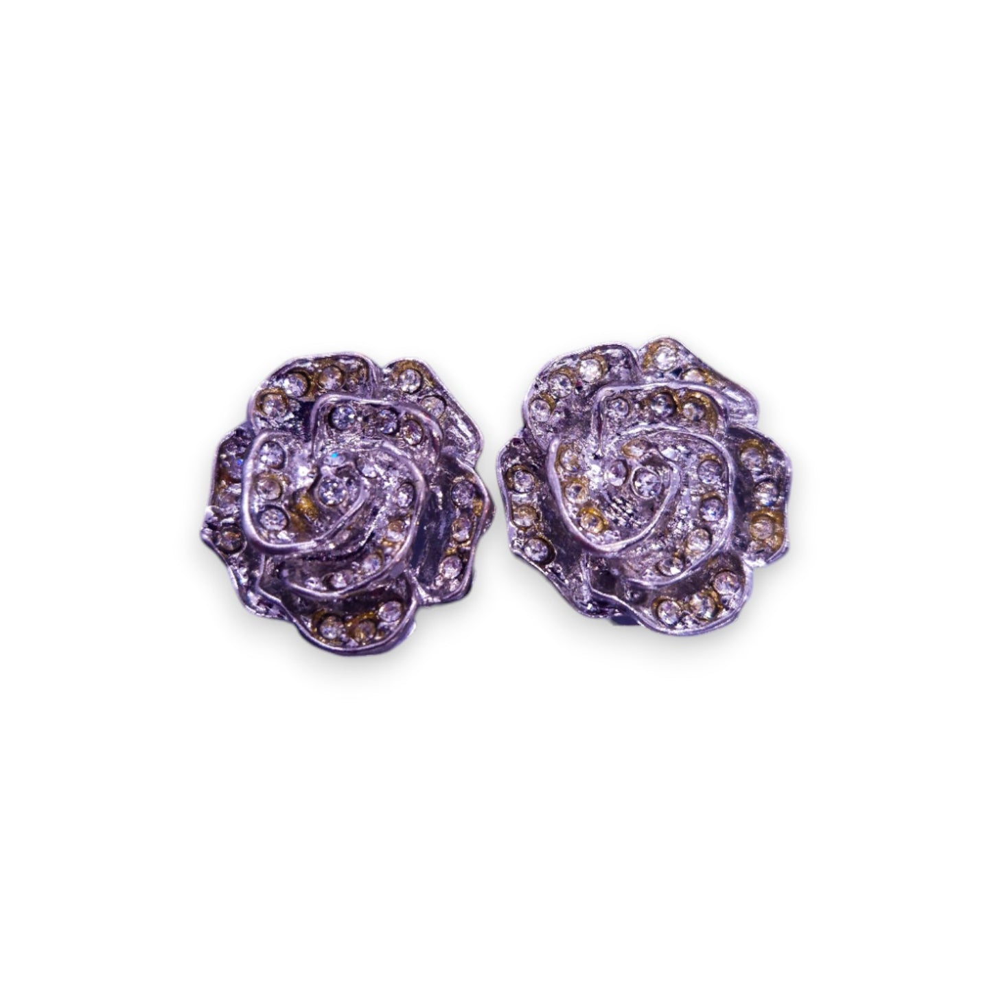 Silver Tone Clear Stones Nature Inspired Rose Earrings