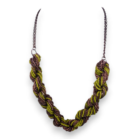 Silver Tone with Green & Gold Beads Vintage Necklace
