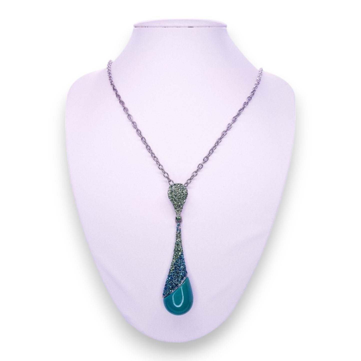 Silver Tone Green Stones Enamelled Modern Necklace