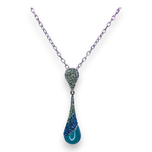 Silver Tone Green Stones Enamelled Modern Necklace