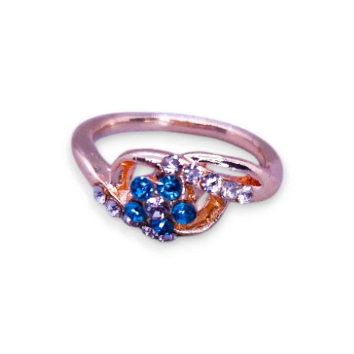 Rose Gold Tone Blue & Clear Stones Modern Ring