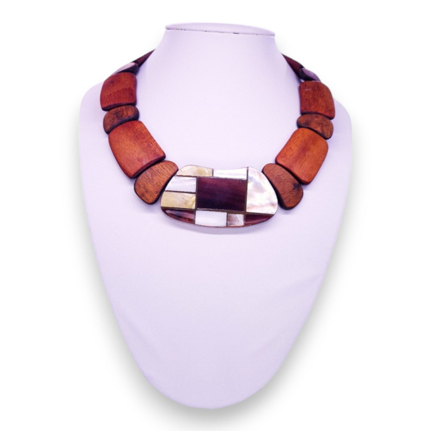 Wood with Mother of Pearl Inlay Bohemian Necklace
