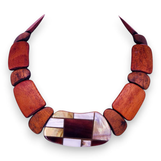 Wood with Mother of Pearl Inlay Bohemian Necklace