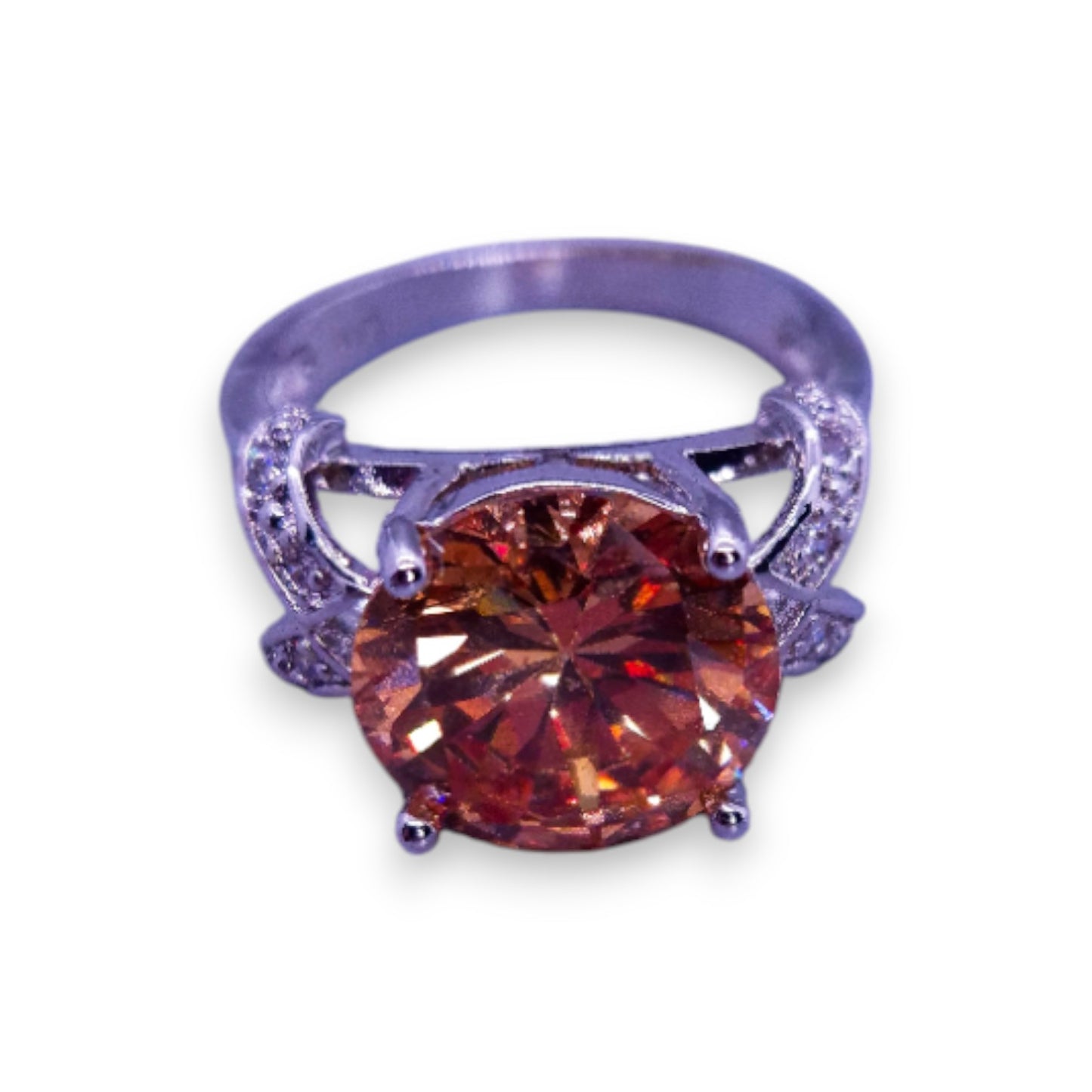 Sterling Silver Peach & Clear Cubic Zirconia Classic Ring