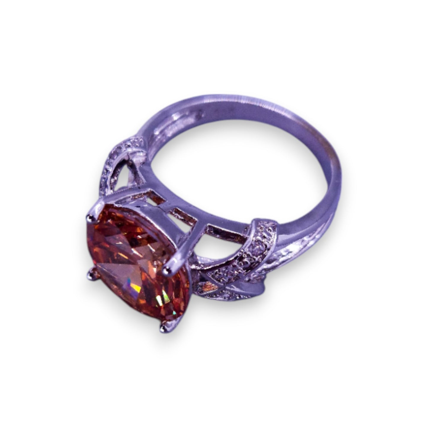 Sterling Silver Peach & Clear Cubic Zirconia Classic Ring