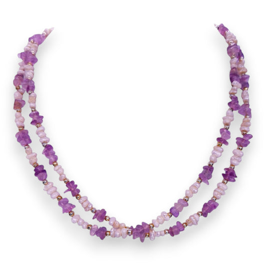 Rose Quartz Seed Pearls Classic Necklace - Semi-Precious Stone