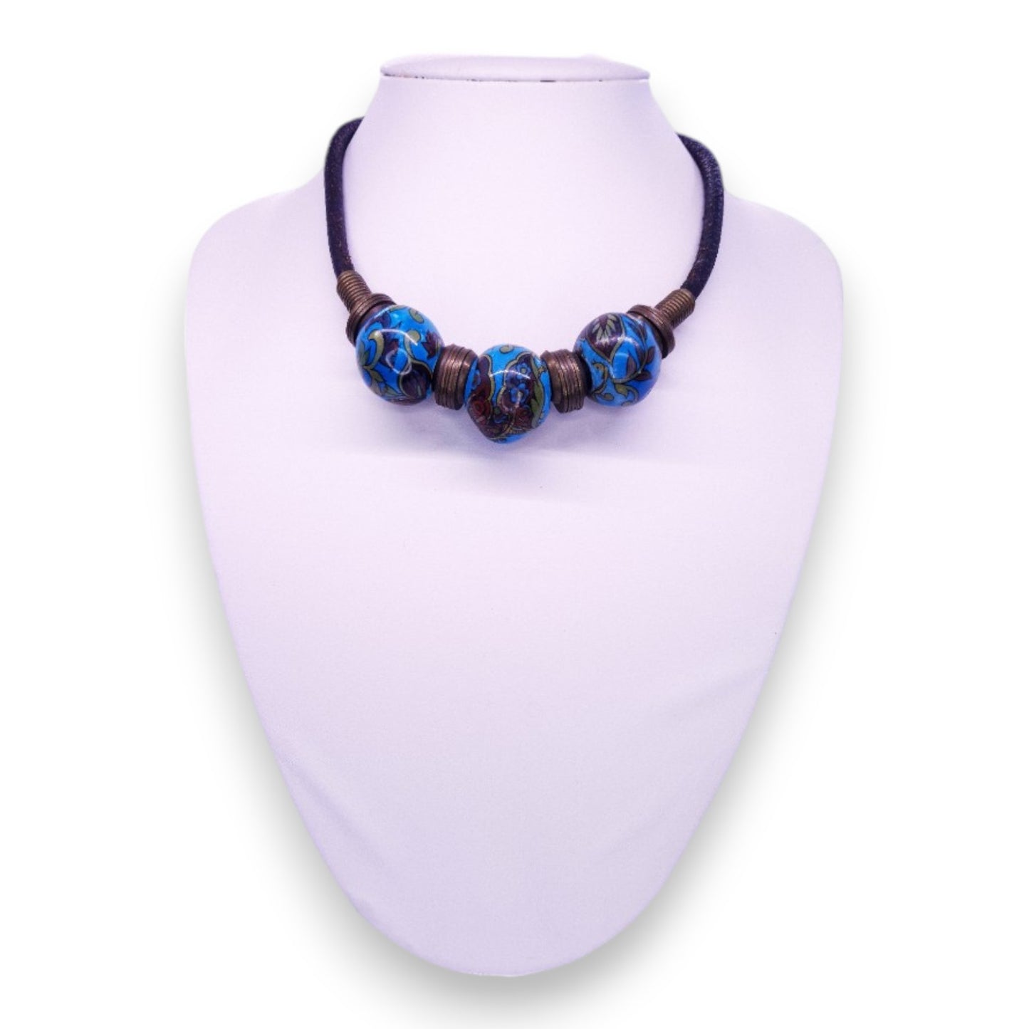 Leather Gold Tone Hand-Painted Wooden Beads Vintage Necklace