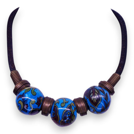 Leather Gold Tone Hand-Painted Wooden Beads Vintage Necklace