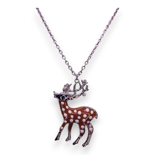 Silver Tone Clear Cubic Zirconia Enamelled Nature Inspired Reindeer Necklace