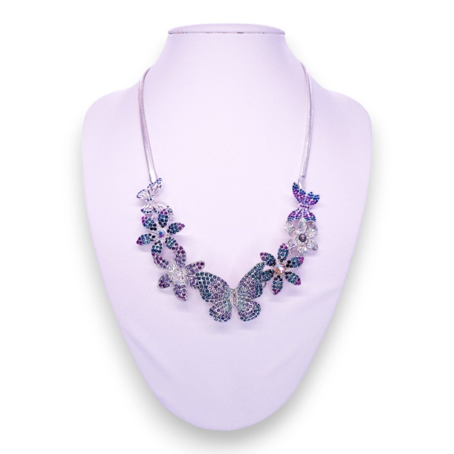 Silver Tone Blue, Purple, & Clear Cubic Zirconia Nature Inspired Necklace