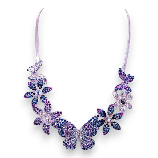 Silver Tone Blue, Purple, & Clear Cubic Zirconia Nature Inspired Necklace