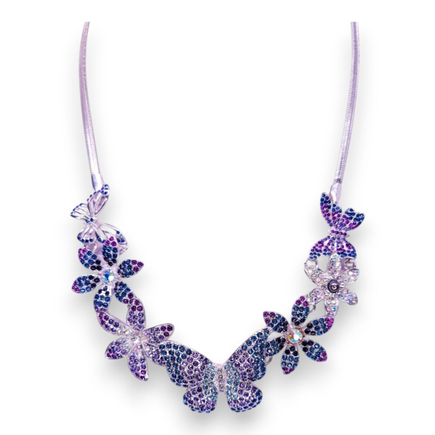 Silver Tone Blue, Purple, & Clear Cubic Zirconia Nature Inspired Necklace