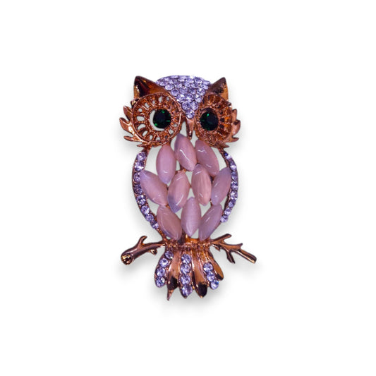 Gold Tone Clear, Green, & Cloudy Stones Nature Inspired Owl Brooch