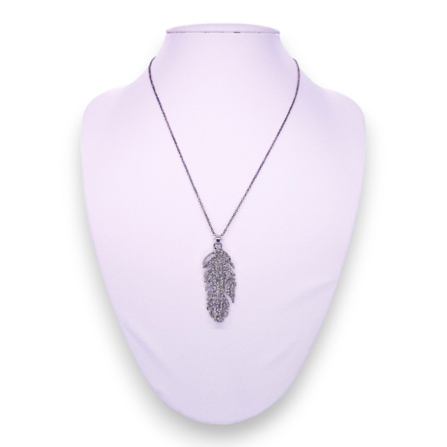 Silver Tone Clear Cubic Zirconia Nature Inspired Feather Necklace