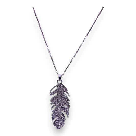 Silver Tone Clear Cubic Zirconia Nature Inspired Feather Necklace