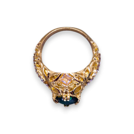 Gold Tone Green & Clear Cubic Zirconia Classic Ring