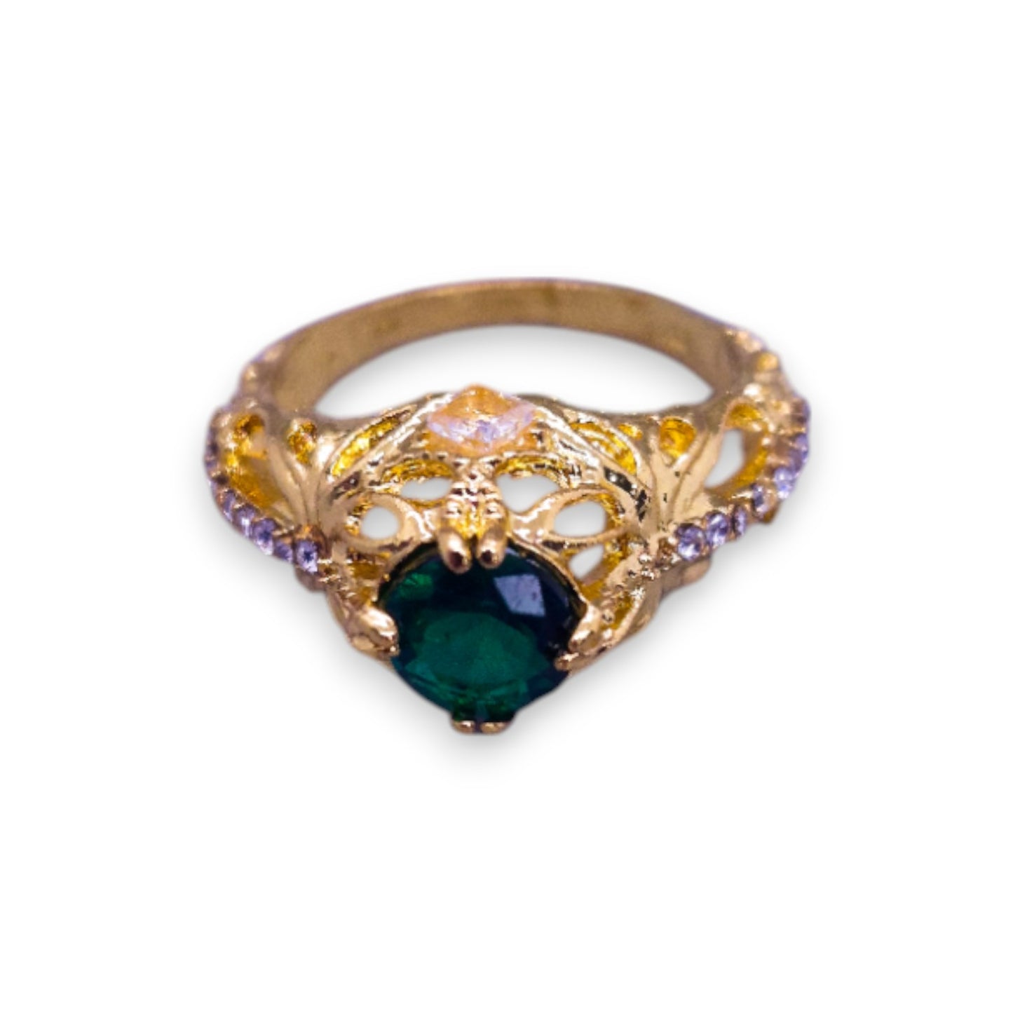 Gold Tone Green & Clear Cubic Zirconia Classic Ring